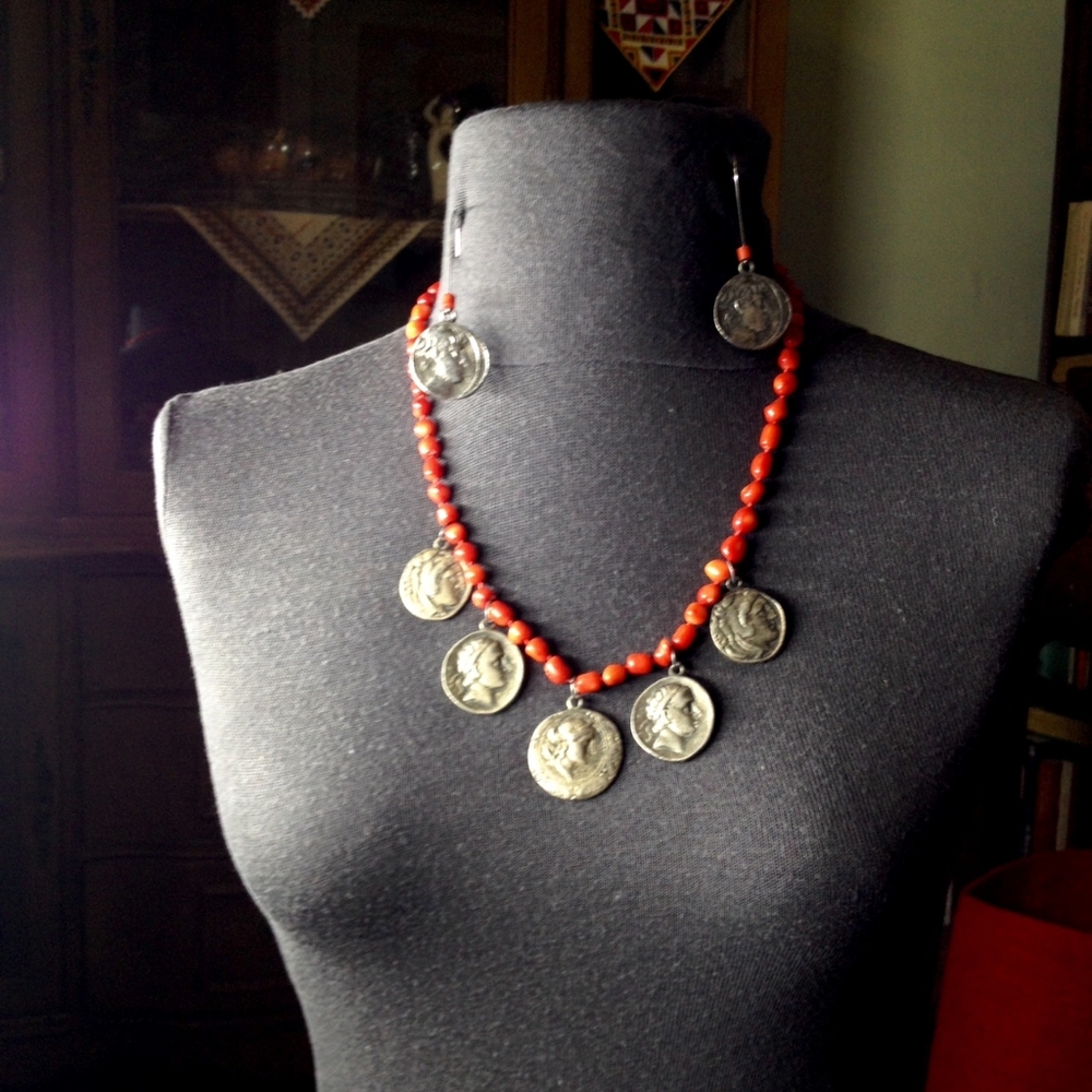 Vintage Coral & Greek Coin Necklace & Earrings Set - Picture 11 of 11